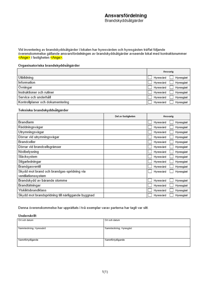 Ansvarsfördelning brandskyddsåtgärder