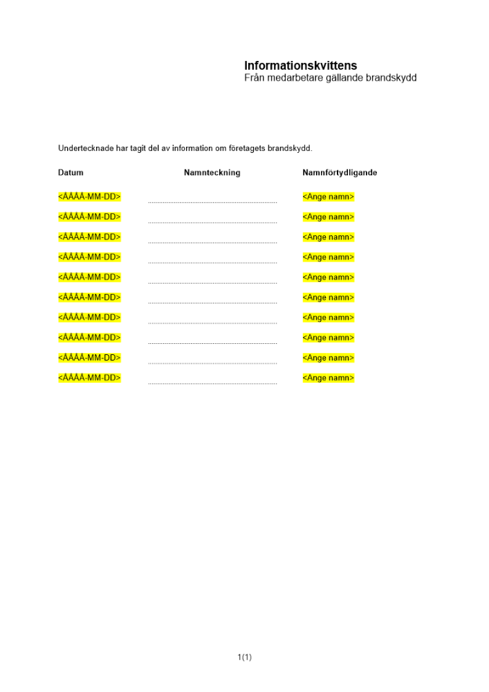 Informationskvittens brandskyddsdokumentation