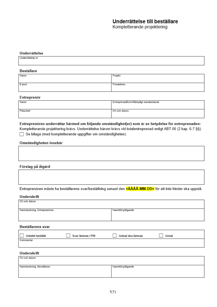 Underrättelse till beställare - kompletterande projektering