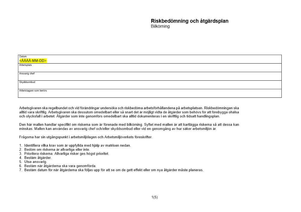 Riskbedömning och åtgärdsplan - bilkörning