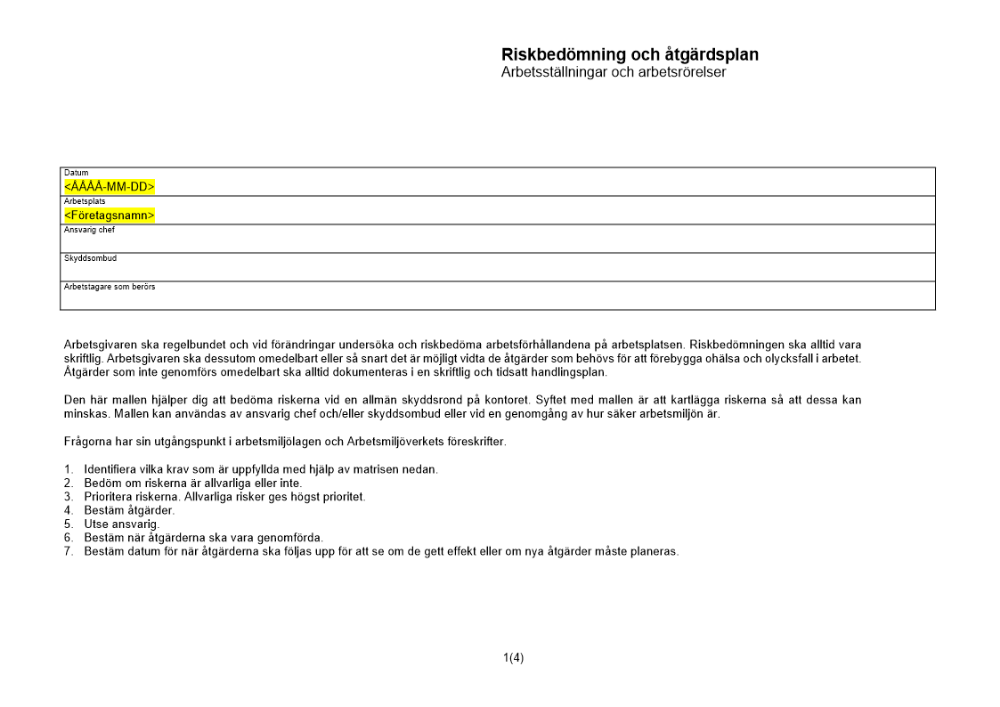 Riskbedömning och åtgärdsplan - arbetsställningar och arbetsrörelser