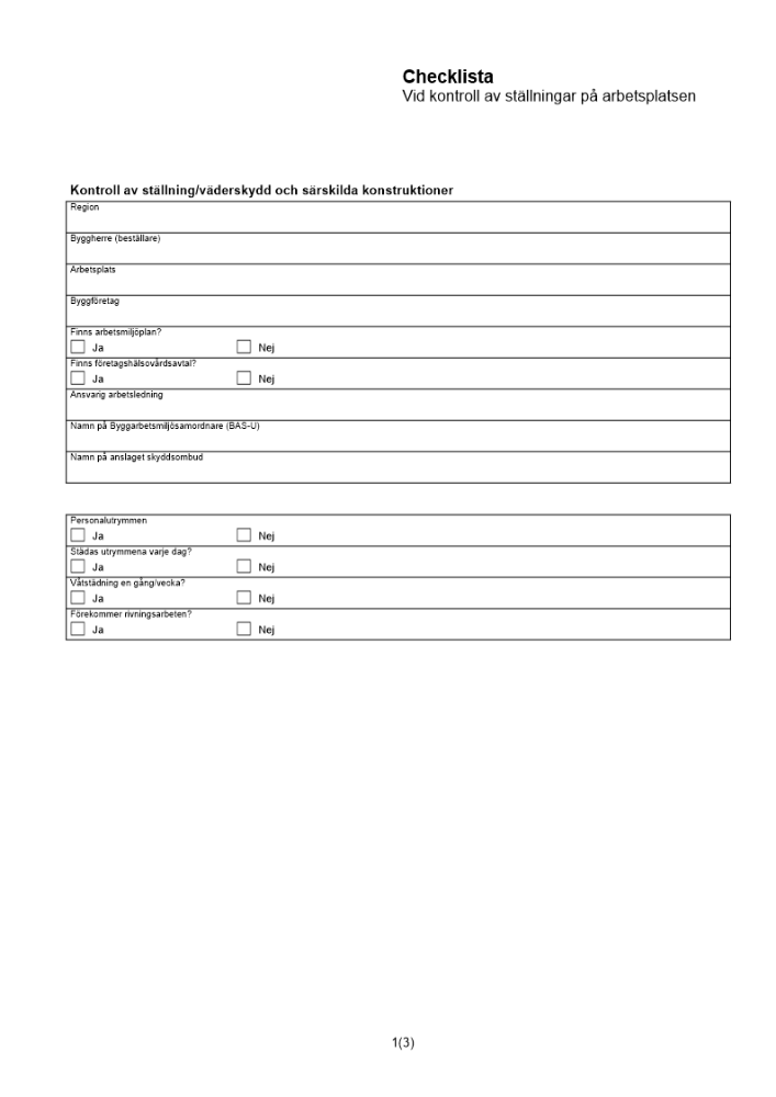 Checklista vid kontroll av ställningar på arbetsplatsen